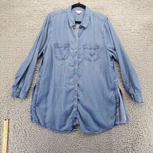 J. Jill Top Womens XL Blue Denim Long Button Side-Slit Lightweight 100% Lyocell